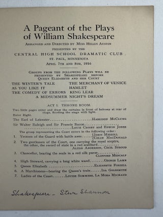 Pageant of the plays of William Shakespeare, A: arranged and directed by Miss Helen Austin presented by the Central High School Dramatic Club St. Paul, Minnesota April 7th and 8th, 1916